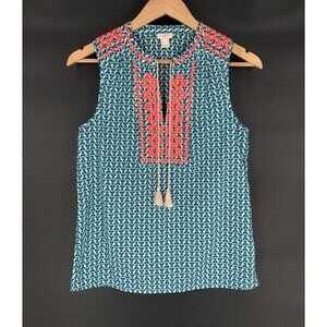 J. Crew Womens Embroidered Sleeveless Geometric Printed Top Size 2 Blue Coral
